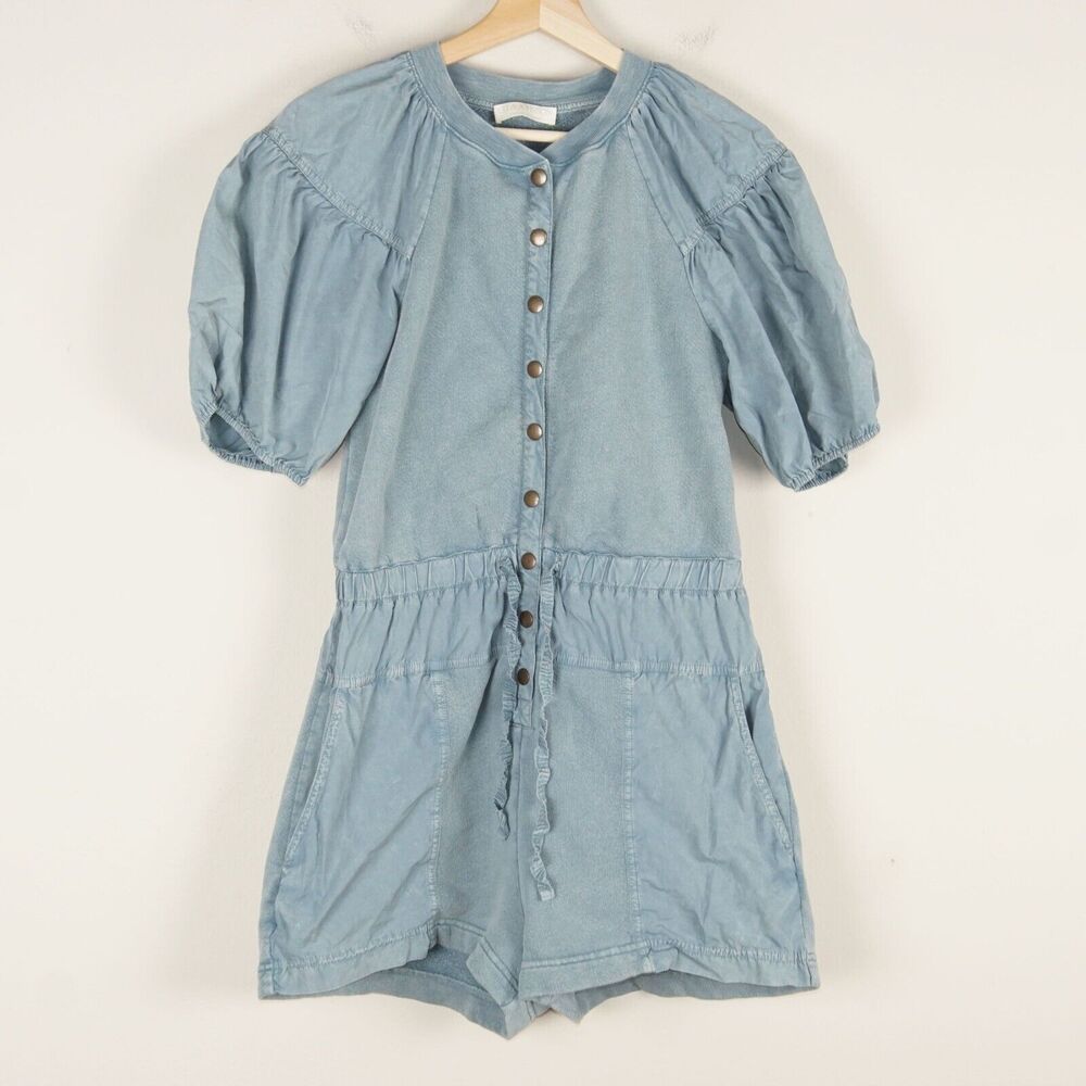 Ulla Johnson Owen Puff Sleeve Poplin Fleece Mix Blue Snap Button Romper Sz M